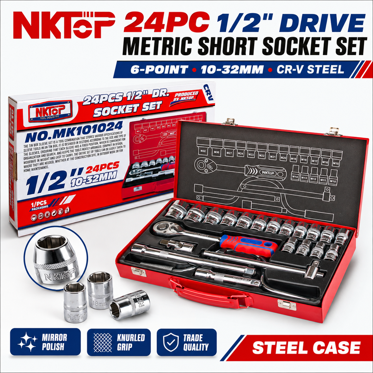 NKTOP 24pc 1/2" Drive Metric Short Socket Set 6-Point 10-32mm CR-V Steel Case