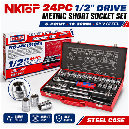NKTOP 24pc 1/2" Drive Metric Short Socket Set 6-Point 10-32mm CR-V Steel Case