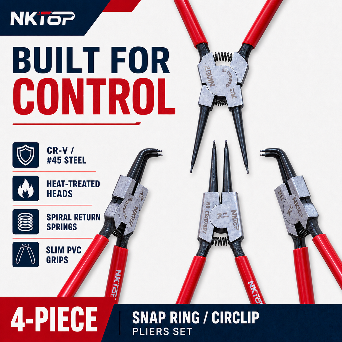 NKTOP 4pc 7" (180mm) Circlip Pliers Set Internal External Straight 90° Snap Ring