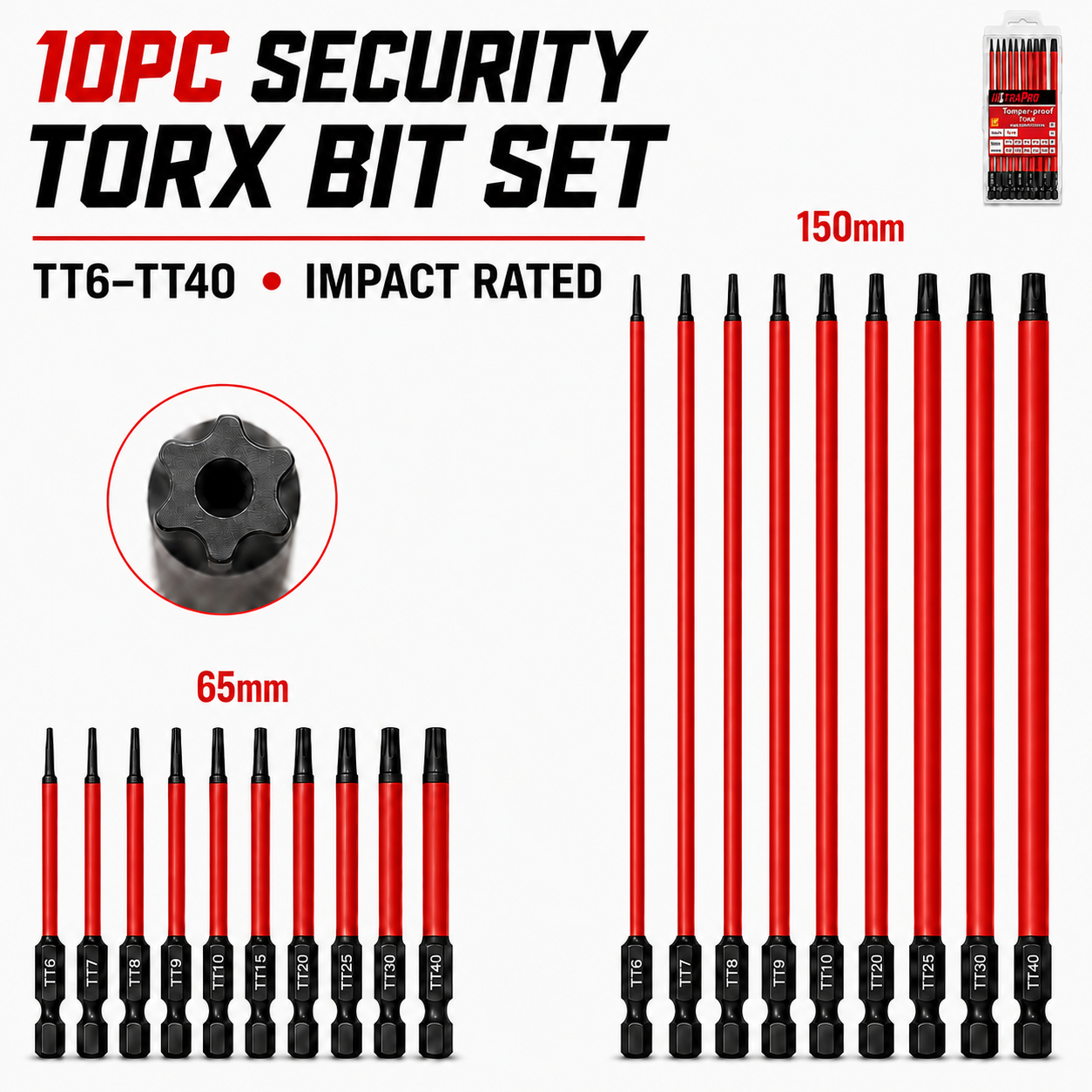 ULTRAPRO 10pc Tamperproof Security Torx Star Impact Bit Set TT6-TT40 65/150mm
