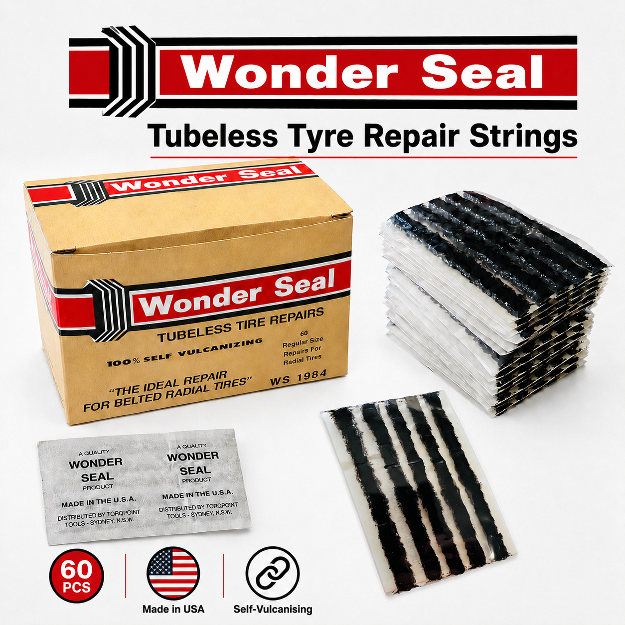 Wonder Seal Tubeless Tyre Repair Strings (60pcs) Made in USA , Self Vulcanising Seal