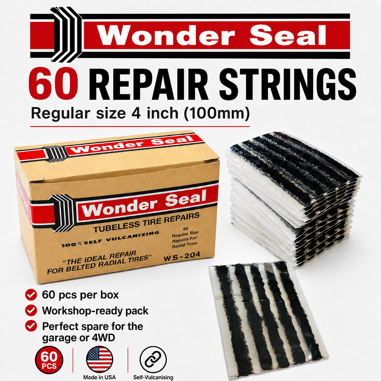 Wonder Seal Tubeless Tyre Repair Strings (60pcs) Made in USA , Self Vulcanising Seal