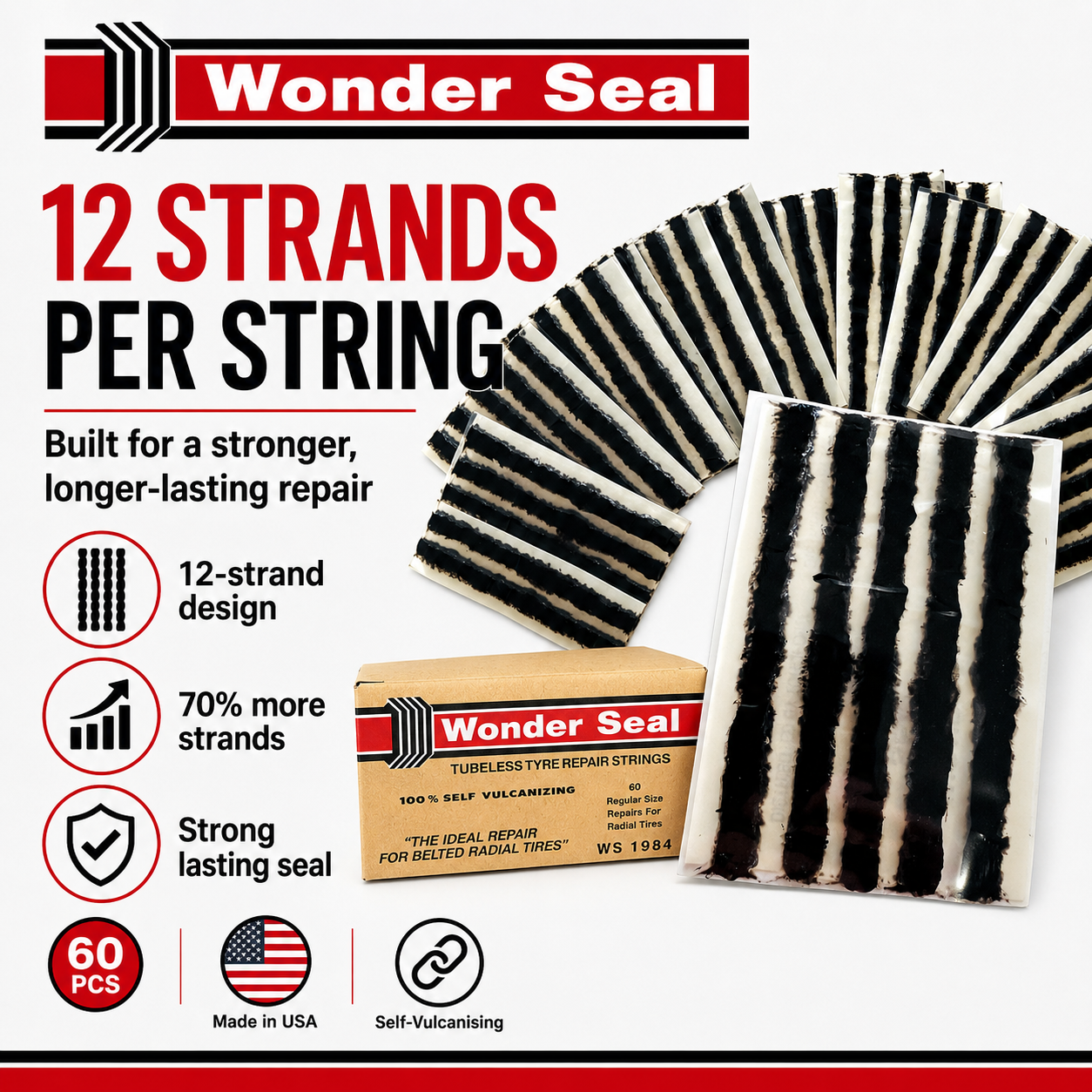 Wonder Seal Tubeless Tyre Repair Strings (60pcs) Made in USA , Self Vulcanising Seal