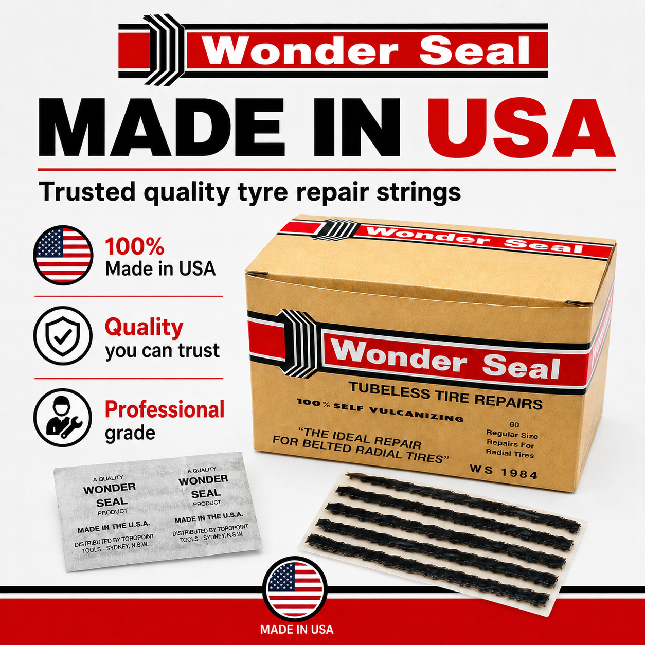 Wonder Seal Tubeless Tyre Repair Strings (60pcs) Made in USA , Self Vulcanising Seal