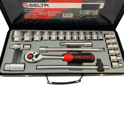 Selta 24pcs 1/2" Dr. 12point (multi-hex) Socket Set , Shallow , CR-V , Taiwan