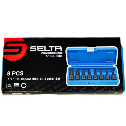 SELTA 8Pcs 1/2" Drive Impact Ribe PolyDrive Bit Socket Set RM5-14mm CR-MO Taiwan