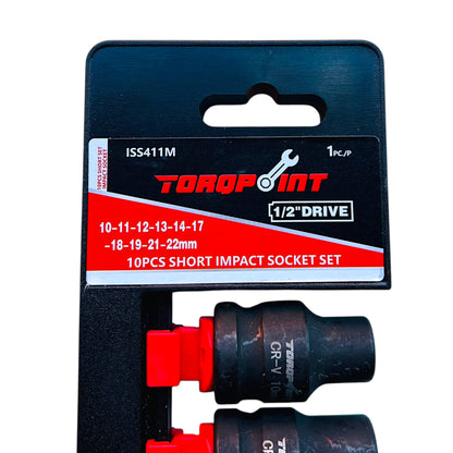 Torqpoint 10pc 1/2" Drive Shallow Metric Impact Socket Set 10-22mm Hanger Pack
