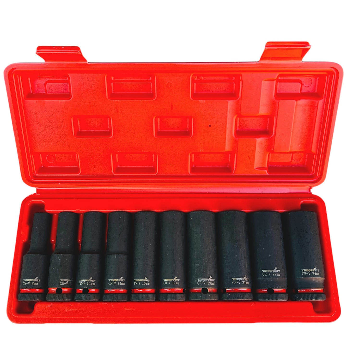 10pc 1/2" Drive METRIC Deep Impact Socket Set 8-24mm Blow Mold Case Torqpoint
