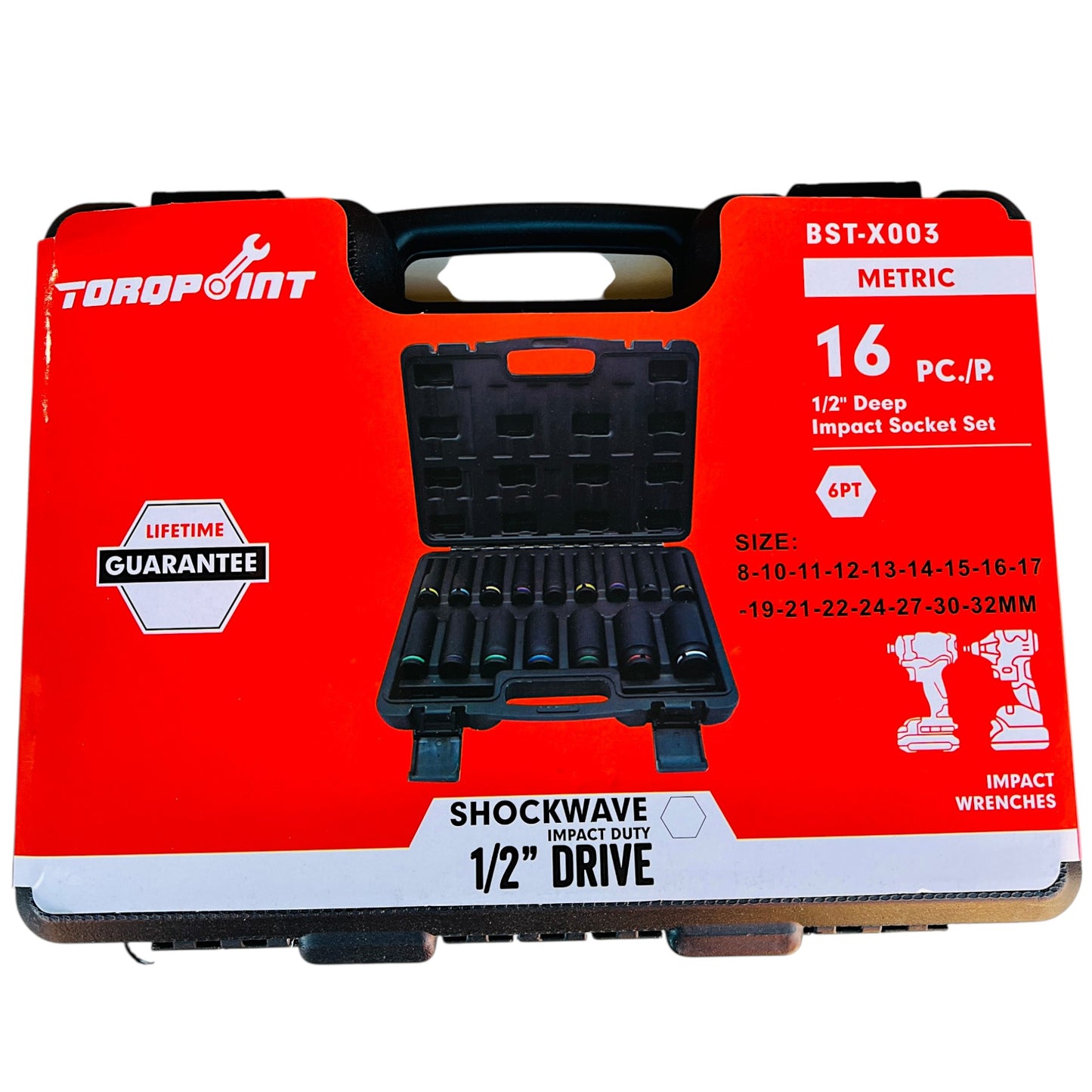 16pc 1/2" Drive Deep Impact Socket Set Metric 8-32mm Blow Mold Case Torqpoint