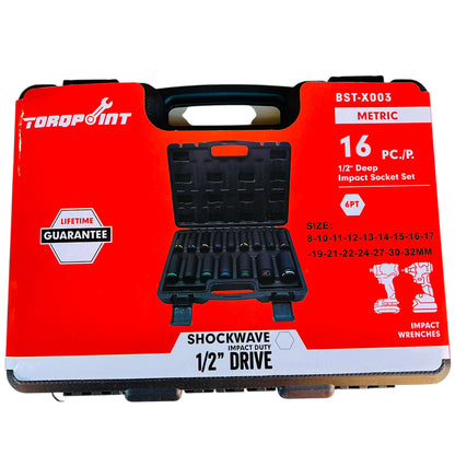 16pc 1/2" Drive Deep Impact Socket Set Metric 8-32mm Blow Mold Case Torqpoint
