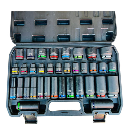 35pc 1/2" Drive Shallow & Deep Impact Socket Set Metric 8-32mm Blow Mold Case Torqpoint