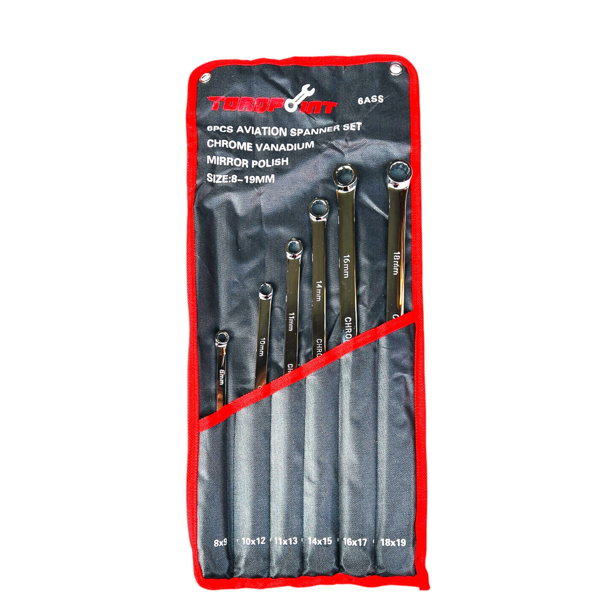 6PC Extra Long Aviation Spanner Set Metric 8-19mm 12 Point Double Ring