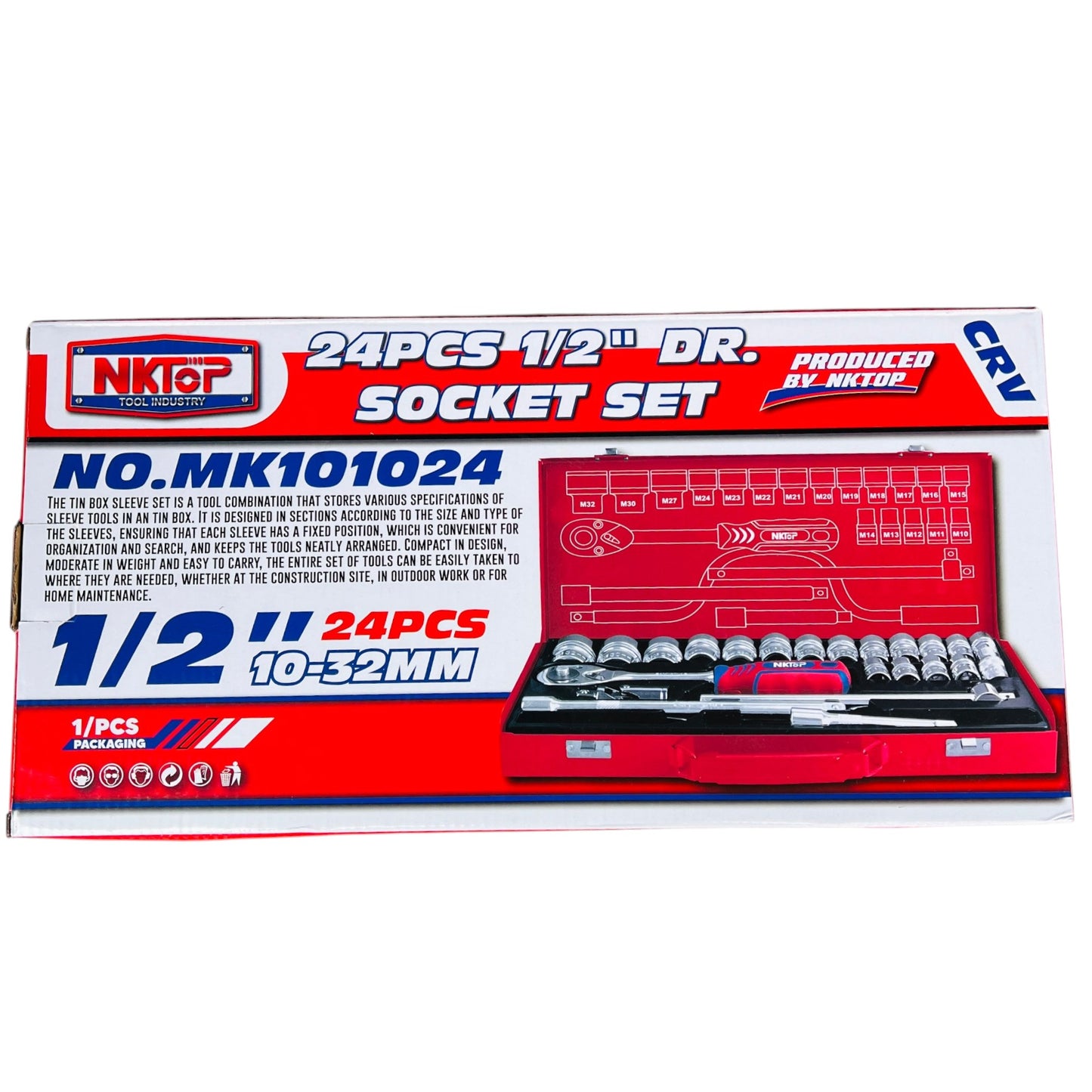 NKTOP 24pc 1/2" Drive Metric Short Socket Set 6-Point 10-32mm CR-V Steel Case