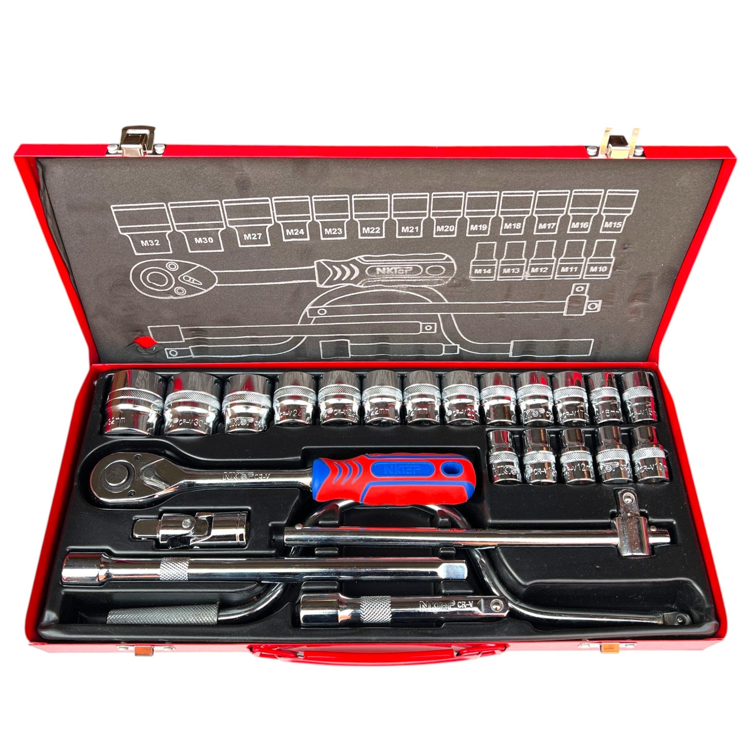 NKTOP 24pc 1/2" Drive Metric Short Socket Set 6-Point 10-32mm CR-V Steel Case