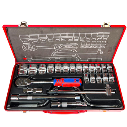 NKTOP 24pc 1/2" Drive Metric Short Socket Set 6-Point 10-32mm CR-V Steel Case