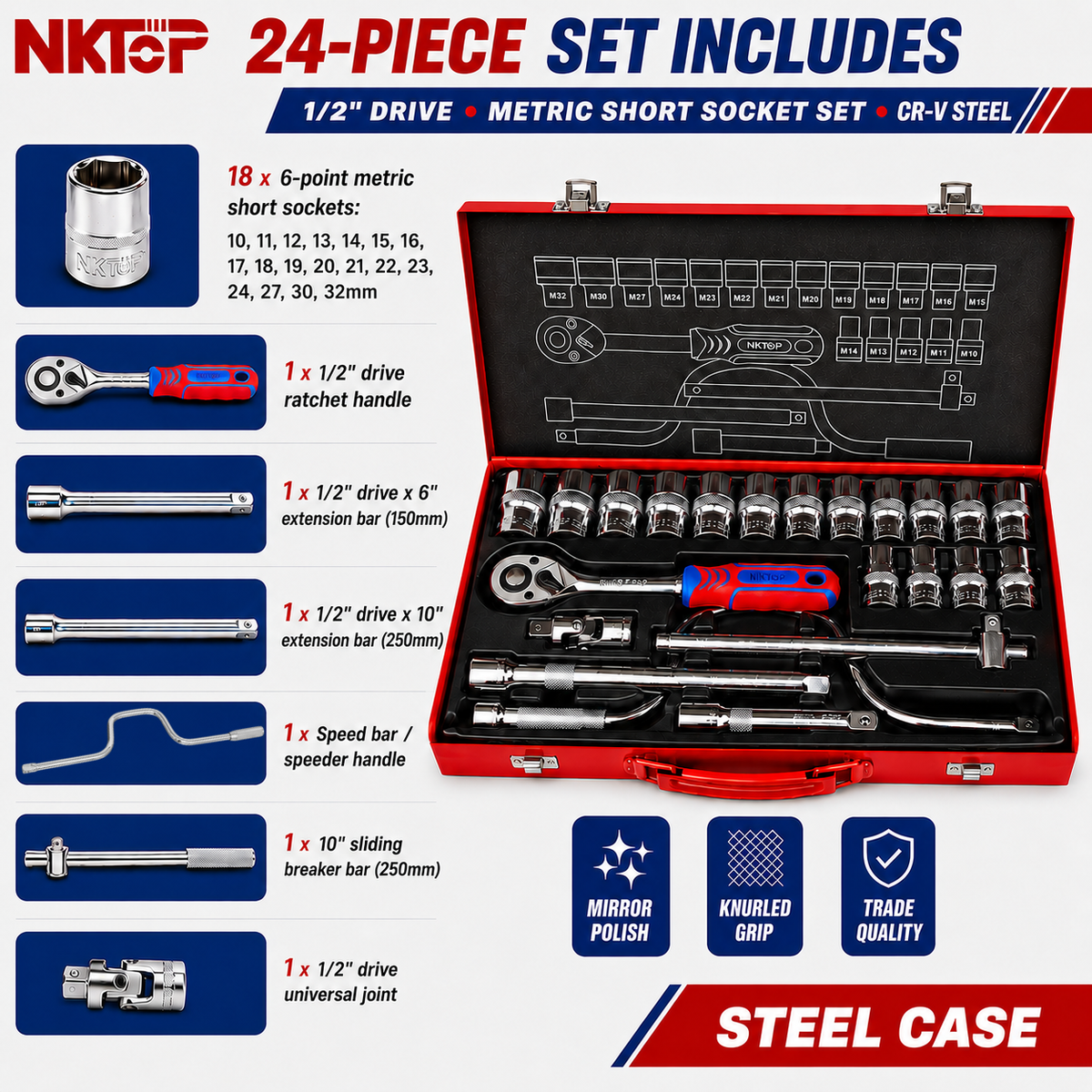 NKTOP 24pc 1/2" Drive Metric Short Socket Set 6-Point 10-32mm CR-V Steel Case