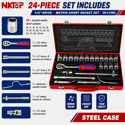 NKTOP 24pc 1/2" Drive Metric Short Socket Set 6-Point 10-32mm CR-V Steel Case