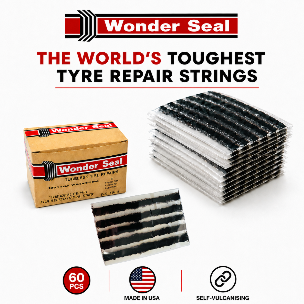 Wonder Seal 60pc Tyre Repair Strings 100mm Self-Vulcanising Made in USA