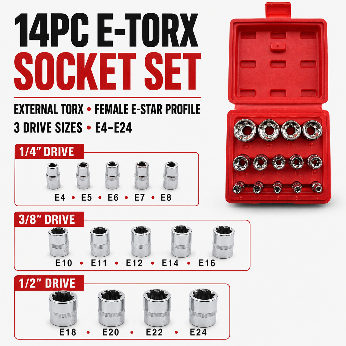 ULTRAPRO 14-Piece E-Torx Socket Set – E4–E24 | 1/4", 3/8" & 1/2" Drive