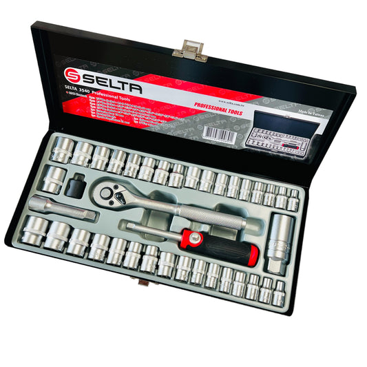 Selta 40pcs 3/8" & 1/4" Metric & Imperial Short Socket Set, 6Point , CR-V,Taiwan