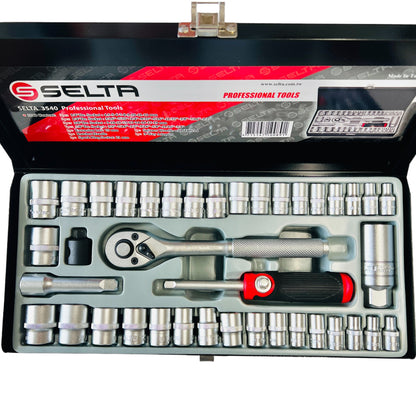 Selta 40pcs 3/8" & 1/4" Metric & Imperial Short Socket Set, 6Point , CR-V,Taiwan