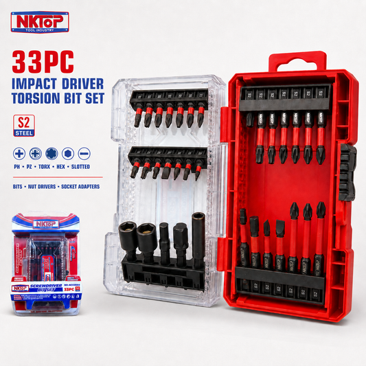 NKTOP 33pc Impact Driver Torsion Bit Set S2 Steel with Nut Drivers & Adapters