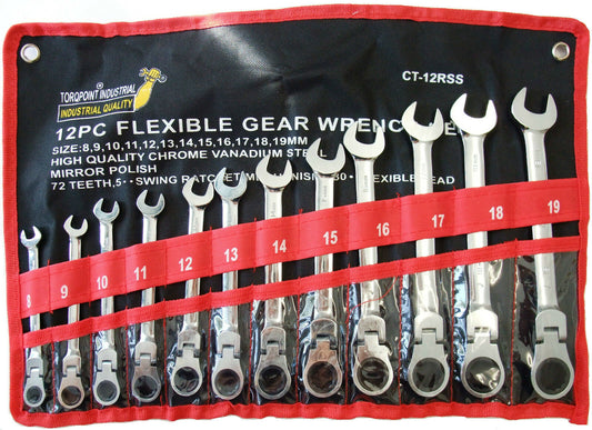 12pc 8-19mm Flexible head ratchet gear spanner wrench set CR-V STEEL canvas