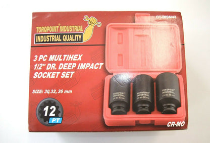 3pc 1/2" Dr. Deep Multi-hex Air Impact 12 point socket set 30,32,36 double CR-MO