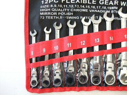 12pc 8-19mm Flexible head ratchet gear spanner wrench set CR-V STEEL canvas